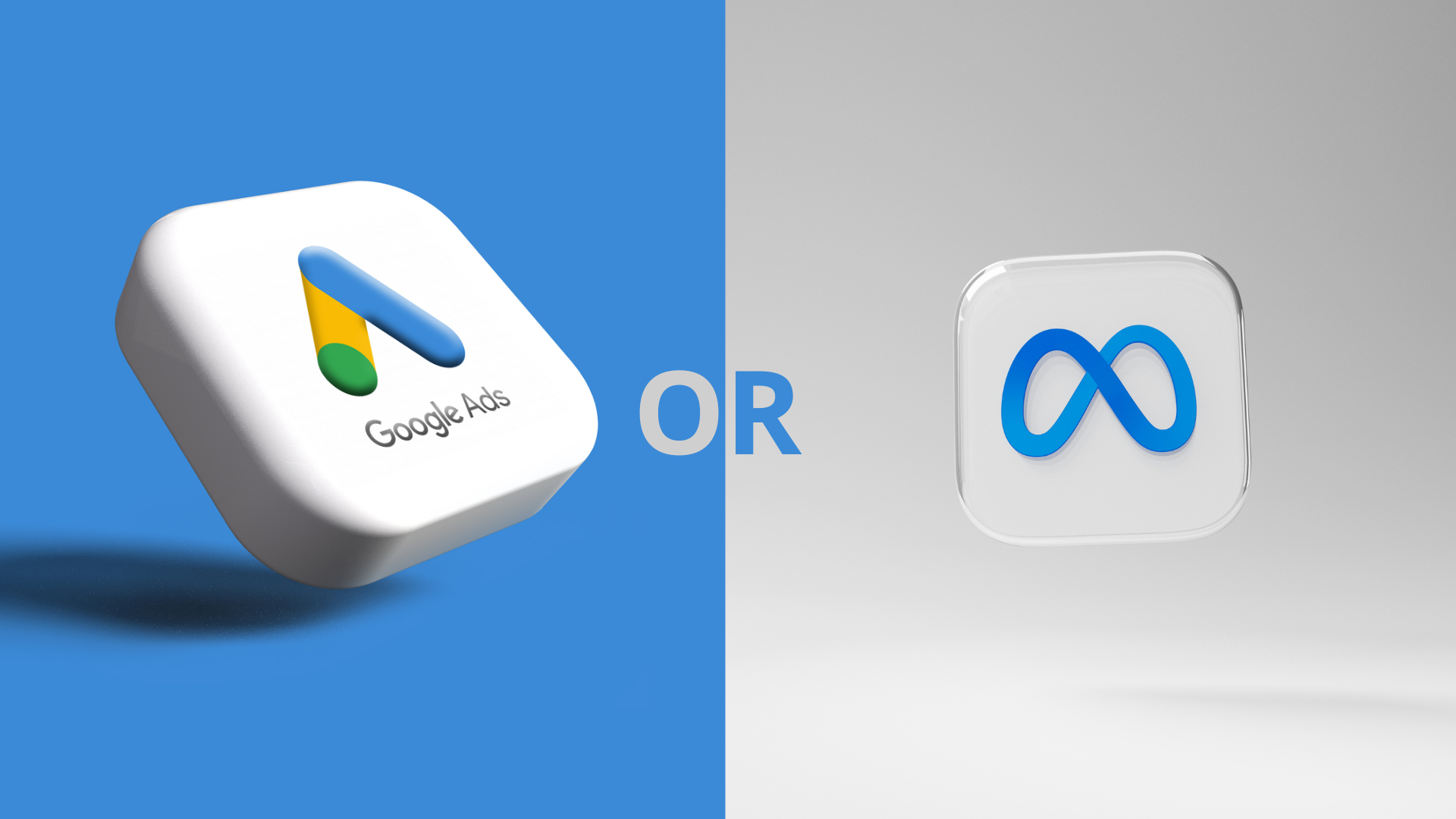 A split-screen comparison image of Google Ads and Meta Ads. On the left, the Google Ads logo is set against a blue background, representing the Google Ads platform. On the right, the Meta Ads logo is displayed on a light gray background, symbolizing Facebook Ads under Meta. The word 'OR' in the center highlights the comparison between the two advertising platforms, emphasizing the choice between Meta Ads and Google Ads. This image visually supports topics like 'meta ads vs google ads,' 'google ads vs facebook ads cost,' and the 'difference between google ads and meta ads.